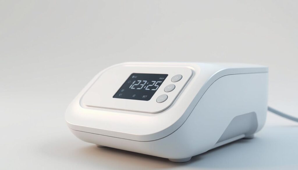 A close-up, highly detailed rendering of the iCareCPAP sleep apnea machine. The device is depicted in a clean, well-lit studio setting, showcasing its sleek, modern design with smooth contours and a minimalist aesthetic. The image focuses on the machine's main control panel, highlighting the intuitive digital display and easy-to-navigate buttons. The lighting is soft and diffused, creating a subtle, calming atmosphere. The angle emphasizes the machine's compact, portable size, making it appear efficient and user-friendly. The background is a plain, neutral color that allows the iCareCPAP to be the central focus of the image.