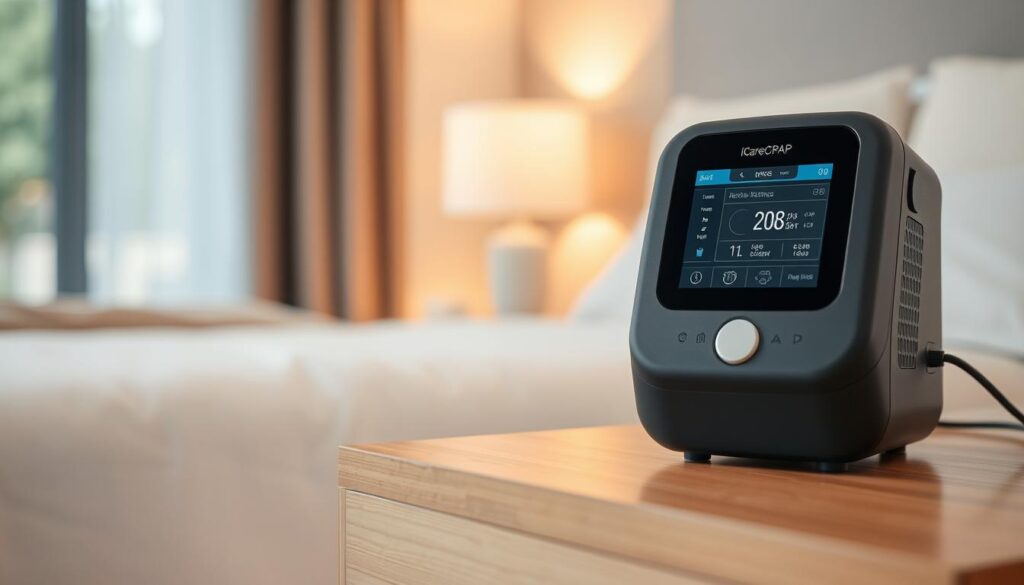 A close-up view of a state-of-the-art iCareCPAP sleep apnea machine, sitting on a clean, minimalist wooden surface. The device is sleek and modern, with a display panel showing real-time data and settings. The lighting is soft and natural, highlighting the machine's smooth contours and matte finish. In the background, a blurred, calming scene of a bedroom with soothing colors and textures, creating a sense of relaxation and well-being. The overall composition conveys the essential role of this medical device in monitoring and managing sleep-related respiratory issues.