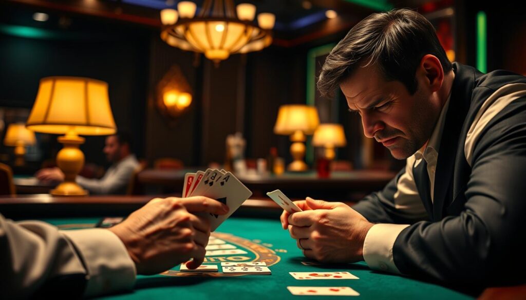 A dimly lit casino table, the green felt surface reflecting the warm glow of table lamps. Experienced hands hold cards, carefully considering the next move as the game of Baccarat unfolds. The player's face is focused, brow furrowed, deeply immersed in the strategic decision of drawing a third card. The dealer stands at the ready, poised to carry out the Baccarat rules with precision. The atmosphere is tense, the stakes high, as the player navigates the critical moment of the drawing decision that could turn the tide of the game.