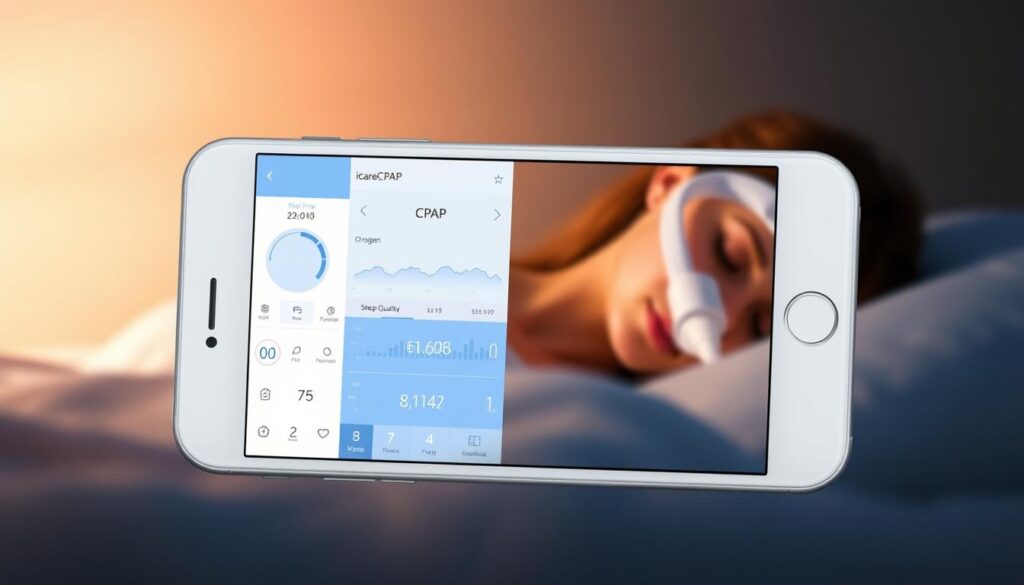 A sleek, minimalist white smartphone displaying the iCareCPAP mobile application interface. The screen shows real-time data from a connected CPAP machine, including breathing patterns, oxygen levels, and sleep quality metrics. The interface features clean, intuitive icons and a soothing blue-gray color scheme. In the background, a stylized illustration of a sleeping person with a CPAP mask, bathed in a soft, warm light. The overall scene conveys a sense of control, ease, and well-being in managing one's sleep apnea treatment through the power of mobile technology.