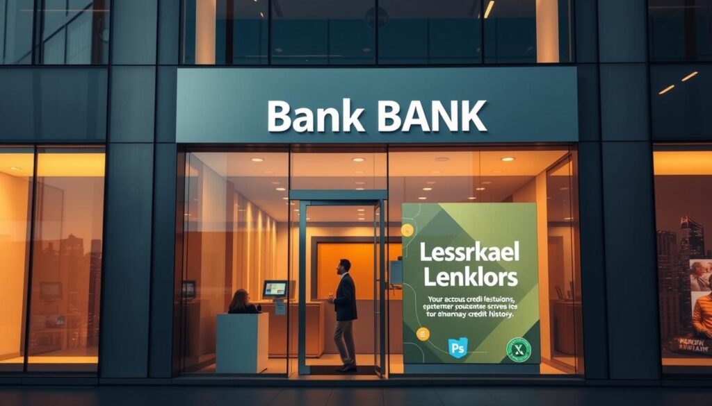 A sleek, modern bank exterior with a minimalist, glass-and-steel facade. The building is bathed in warm, diffused lighting, creating a welcoming atmosphere. In the foreground, a well-dressed individual enters the bank, symbolizing the effortless access to financial services. The middle ground showcases a display showcasing the bank's flexible lending policies, emphasizing their willingness to overlook credit history. The background depicts a bustling city skyline, conveying the bank's integration with the vibrant urban landscape. The overall scene exudes a sense of professionalism, efficiency, and customer-centric approach, reflecting the unique features of a bank that does not prioritize credit check scores.