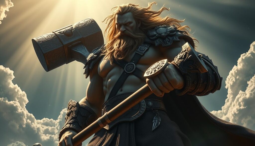 A striking, cinematic scene of a grand, mythical Norse character from the UTown universe. A towering, muscular figure with flowing hair and a stern, determined expression stands resolutely, wielding an ornate, powerful hammer. Billowing clouds and rays of dramatic light set an epic, awe-inspiring tone, as if the character is about to unleash a mighty, earth-shaking blow. The detailed, textured armor and weapon convey a sense of ancient, divine power. The overall composition and lighting create a sense of grandeur and majesty, befitting the legendary status of this Nordic deity.