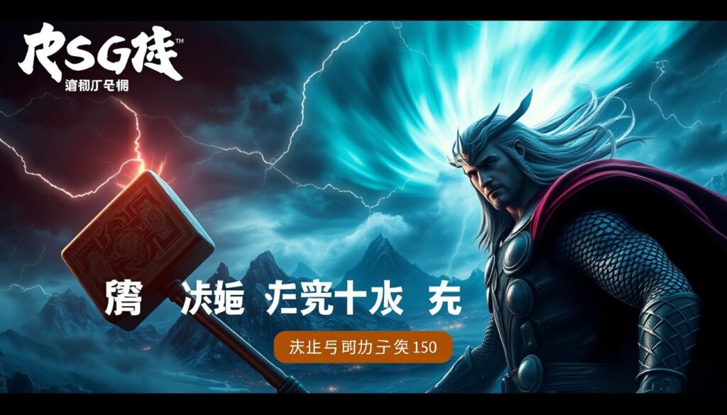 An impressive, awe-inspiring game system update for UTown's &amp;amp;amp;quot;RSG雷神之鎚&amp;amp;amp;quot; title. A dramatic, high-contrast scene depicting the god of thunder, Thor, wielding his iconic hammer Mjolnir against a stormy, lightning-filled sky. The foreground features a detailed, photorealistic rendering of Thor in an action pose, with intricate armor and facial features. The middle ground showcases a fantastical, mythological landscape with towering mountains and swirling energy fields. In the background, shimmering aurora borealis lights dance across the heavens, creating an otherworldly, mystical atmosphere. Cinematic lighting and depth of field enhance the sense of grandeur and power. Overall, a visually stunning preview of the game's immersive, divine-inspired updates.