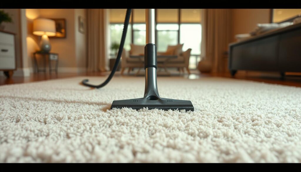 A meticulously crafted iCareCPAP carpet cleaning scene. In the foreground, a plush, luxurious carpet glistens with freshly applied cleaning solution, its fibers standing tall and vibrant. Mid-frame, a state-of-the-art iCareCPAP cleaning wand gently glides across the surface, extracting embedded dirt and stains. The background depicts a well-lit, modern interior, with warm lighting accentuating the clean, rejuvenated carpet. Subtle reflections on the polished hardwood floors complement the overall sense of cleanliness and attention to detail. The image conveys the importance of thorough, professional carpet cleaning for maintaining a healthy, visually appealing living space.