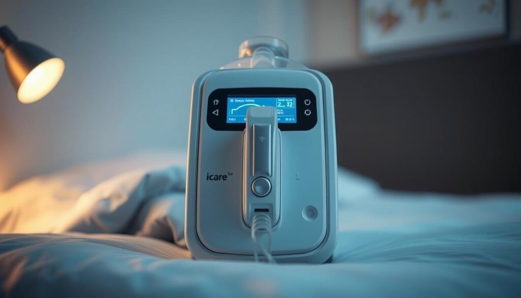 A high-resolution close-up view of a state-of-the-art iCareCPAP sleep apnea machine, showcasing its sleek, modern design with soft ambient lighting. The device is positioned centrally, with a clear focus on the intuitive user interface and digital display. The background is blurred, creating a sense of depth and emphasizing the machine's functionality. The image conveys a sense of advanced medical technology and ease of use, suitable for illustrating the basic features and capabilities of a sleep apnea breathing device.