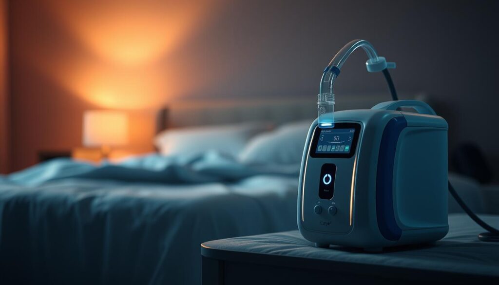 A highly detailed, photorealistic image of a state-of-the-art iCareCPAP sleep apnea machine in a dimly lit, cozy bedroom setting. The device is prominently featured in the foreground, its sleek white and blue design accented by warm, soft lighting. The machine's control panel and display are clearly visible, showcasing its advanced technological capabilities. In the middle ground, a comfortable bed with plush bedding sets the scene, hinting at the machine's purpose in facilitating restful sleep. The background features muted tones and soft, ambient lighting, creating a serene, peaceful atmosphere that underscores the importance of the sleep apnea machine in maintaining optimal respiratory health and well-being.