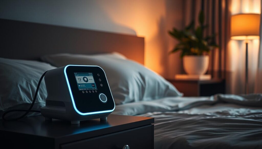 A serene bedroom scene featuring a modern iCareCPAP sleep apnea machine on a nightstand, casting a soft glow amidst the muted tones of the room. The machine's sleek design and interface convey its technological sophistication, while the cozy, dimly lit atmosphere suggests the comfort and improved sleep quality it provides for the patient. Subtle details like plush bedding, a reading lamp, and a potted plant in the background create a tranquil, restorative ambiance. Warm, diffused lighting from the machine and subtle highlights on the surfaces give the image a soothing, therapeutic feel, effectively illustrating the beneficial impact of the iCareCPAP device on the patient's sleep and overall well-being.