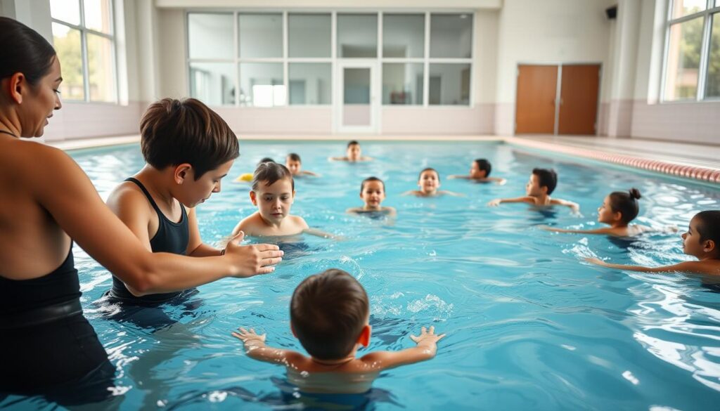 A calm and focused swimming class in an indoor pool setting, showcasing a diverse group of children in modest swim attire being instructed by a professional swimming coach. In the foreground, the coach is providing guidance to a child struggling with technique, demonstrating a proper stroke in a clear and supportive manner. In the middle area, several children practice their swimming, some walking alongside the pool's edge, while others are in the water practicing their kicks. The background features a clean and bright pool area, with large windows allowing natural light to illuminate the scene, creating a warm and encouraging atmosphere. The lens captures the action from a slightly elevated angle, emphasizing the dynamics of the lesson while maintaining a professional and educational mood.