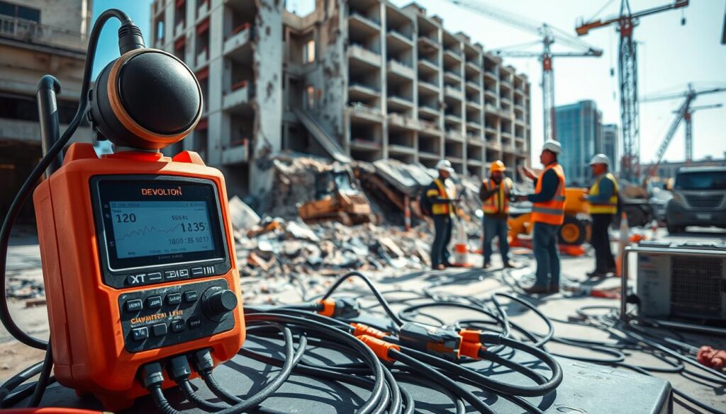 A detailed scene of demolition noise monitoring equipment set in an urban environment. In the foreground, a high-tech sound level meter with a digital display shows decibel readings, surrounded by various sensors and cables. The middle ground features construction workers in professional attire, engaging with the monitoring devices, analyzing data, and communicating with each other. The background showcases a partially demolished building, with cranes and heavy machinery. The lighting is bright and natural, simulating daylight, emphasizing clarity and focus on the technology. The atmosphere feels industrious yet methodical, illustrating the importance of noise monitoring during the demolition process. Utilize a wide-angle lens to capture the entire scene effectively, with a slight depth of field that keeps the equipment in sharp relief.
