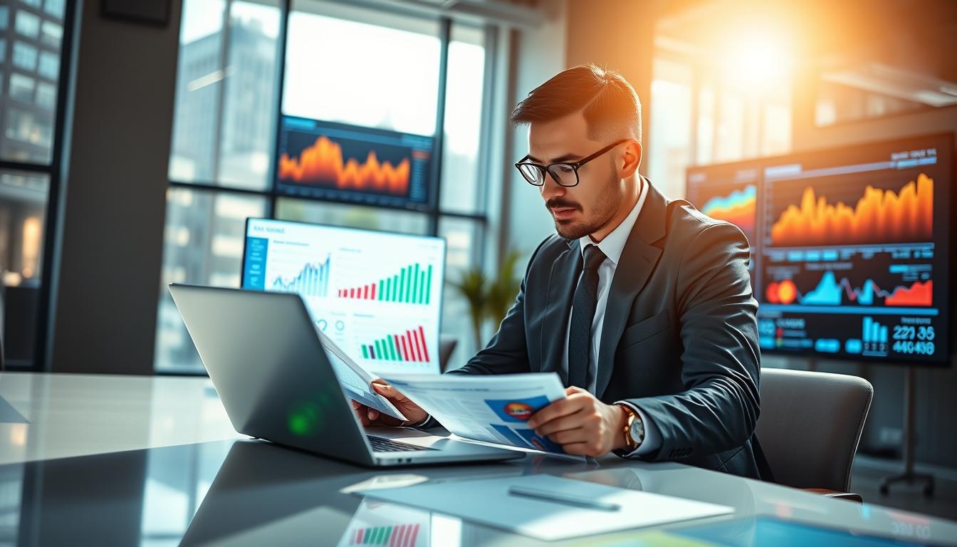 A modern office setting featuring a data analyst at a sleek desk, intently working on a laptop displaying vibrant graphs and charts related to advertising performance analysis. In the foreground, a smartly dressed business professional, wearing a tailored suit, examines a report, highlighting key metrics with a focused expression. The middle ground showcases a large window with sunlight streaming in, illuminating the room and adding warmth to the scene. The background includes digital displays showing real-time advertising statistics and analytics. The atmosphere is professional and insightful, emphasizing productivity and strategic planning, captured with a wide-angle lens to enhance the spatial dynamics and convey an inspiring work environment.