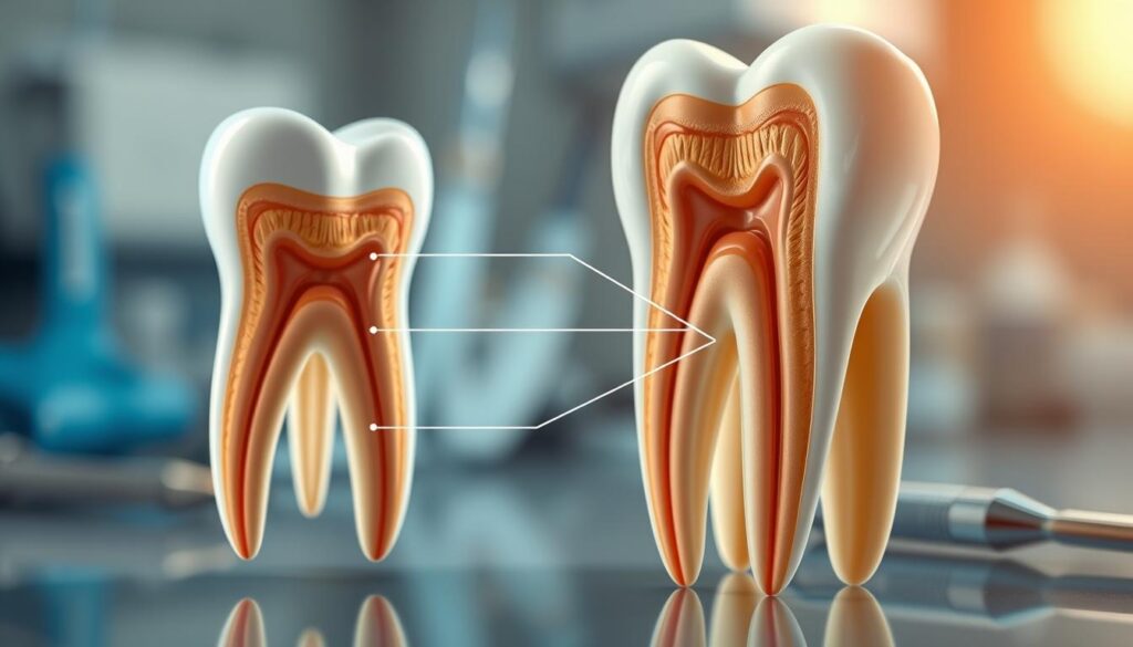 Create a detailed illustration of a human tooth's root canal system, specifically focusing on the intricate bifurcations and curvatures of the root canals. In the foreground, prominently display a 3D cross-section of the tooth with both the root and visible canals illustrated in a clear, anatomically accurate manner. The middle layer should show a close-up view of the root canal forks and bends, highlighting their complexity, with various shades of dental colors and textures for realism. In the background, softly blurred imagery of dental tools and a clinical environment to enhance the medical context. Use soft, diffused lighting to create a professional and educational atmosphere, ensuring that the image is sterile and inviting for academic purposes.