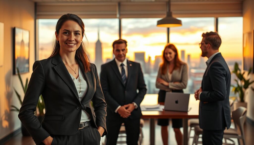 A confident businesswoman in professional attire stands in the foreground, engaged in a discussion with two investors, all appearing focused and optimistic. The middle layer features a visible office setting with a large window showcasing a vibrant city skyline during sunset, symbolizing opportunity and growth. The boardroom table covered with documents and a laptop reflects a serious negotiation atmosphere. In the background, plants and modern artwork contribute to a professional yet inviting ambiance. Warm indoor lighting highlights the subjects' faces, casting soft shadows for depth, while the overall composition conveys a mood of trust, determination, and collaboration, emphasizing the foundational role of establishing a limited company in building investor confidence.