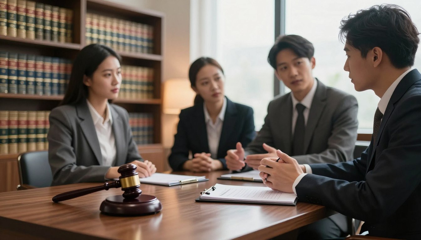 A serene and professional setting depicting a law office with bookshelves filled with legal texts on regulations and ethics related to adult products. In the foreground, a polished wooden desk is adorned with a gavel and a notepad filled with handwritten notes on legal guidelines. In the middle, a group of three diverse professionals in business attire, two men and one woman, are engaged in a focused discussion, highlighting the importance of legal frameworks. The background features soft, warm lighting from a large window, casting a gentle glow over the entire scene, creating a cozy and intimate atmosphere. The composition should evoke a sense of serious study and contemplation, perfect for illustrating the legal aspects of adult products in a respectful manner. The image should be in a 4:3 aspect ratio.
