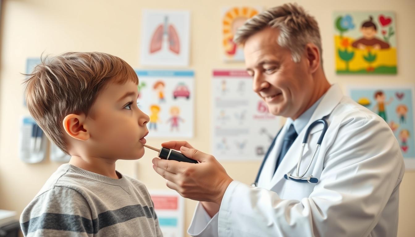 A focused and compassionate scene depicting a pediatrician examining a child in a bright, welcoming clinic environment. In the foreground, the child, a young boy about six years old with short hair, appears slightly anxious but curious as the doctor gently checks his throat with a tongue depressor. The middle ground features various pediatric medical tools like an otoscope and charts of the respiratory system displayed on the wall, emphasizing the theme of health and diagnosis. The background showcases cheerful, colorful paintings related to childhood, creating a warm atmosphere. Soft, diffused lighting highlights the friendly interaction, conveying a sense of care and professionalism typical of children's healthcare. The overall mood is supportive and reassuring, reflecting the importance of recognizing sleep-related issues in children.