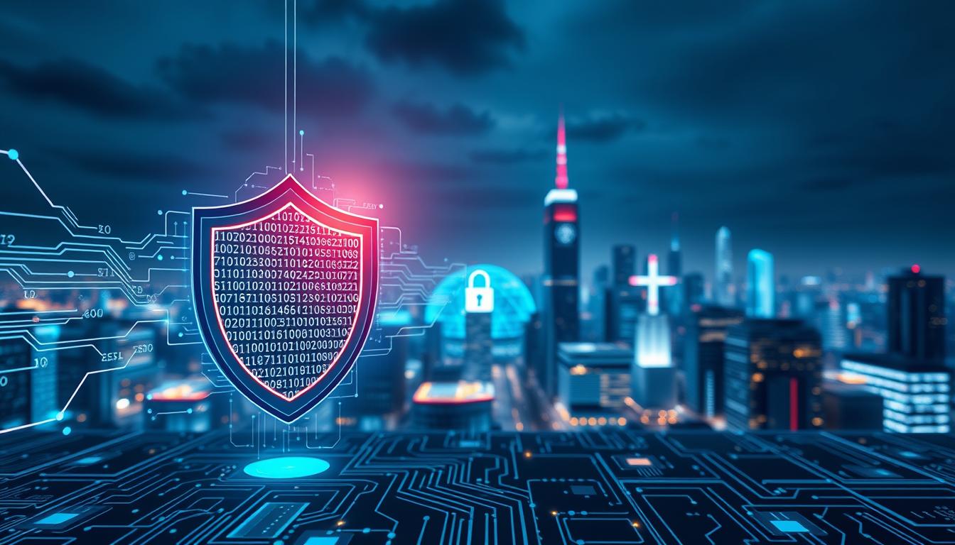 A sleek and modern cybersecurity framework, symbolizing the concept of "3A Entertainment's Financial Grade Security Standard Protection Architecture". In the foreground, depict a sophisticated digital shield, representing SSL 256-bit encryption, intricate patterns of binary code cascading across the surface. In the middle ground, integrate abstract representations of secure servers and encrypted data streams, illuminated by a soft blue glow to convey trust and reliability. The background features a futuristic city skyline under a night sky, with digital elements like circuit patterns and network connections subtly integrated into the architecture. Use a wide-angle lens perspective to emphasize depth, with a balanced ambient lighting that evokes a sense of security and innovation. The overall mood should be professional and cutting-edge, reflecting the advanced technology behind financial-grade security. No text or logos included.