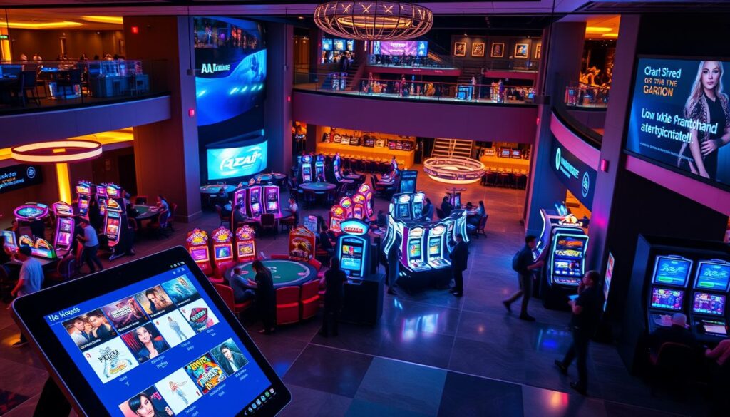 A vibrant and dynamic gaming lobby scene for "3A Entertainment," showcasing a sophisticated digital interface. In the foreground, a sleek, high-tech touchscreen display presents various entertainment options, glowing softly with neon accents. The middle ground features diverse gaming areas, each with visually distinct themes—elegant card tables, engaging slot machines, and immersive VR zones, all bustling with players. The background depicts a stylish, modern architecture of the lobby, bathed in warm atmospheric lighting, enhancing the inviting feel of the space. A high-angle view captures the layout, emphasizing the interactive digital signage displaying notifications about game maintenance and smart guidance to alternative entertainment zones. The ambiance is energetic yet relaxed, portraying a professional yet casual gaming environment.