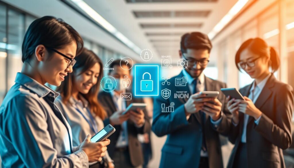 A visually striking and engaging image showcasing the membership benefits of "3A" in a vibrant digital context. In the foreground, display a group of diverse, professional individuals, dressed in business attire, interacting with high-tech devices like smartphones and tablets, representing the secure and advanced encryption technology offered by 3A. In the middle, illustrate an array of attractive membership benefits such as discounts and rewards, depicted as icons or digital elements glowing softly with blue and green hues. The background should feature a sleek, modern office environment with a sense of innovation, complemented by soft lighting that enhances the futuristic ambiance. The atmosphere should evoke trust and security, highlighting why Taiwanese members should choose 3A for their account safety. Add a subtle lens blur to create depth and focus on the foreground.