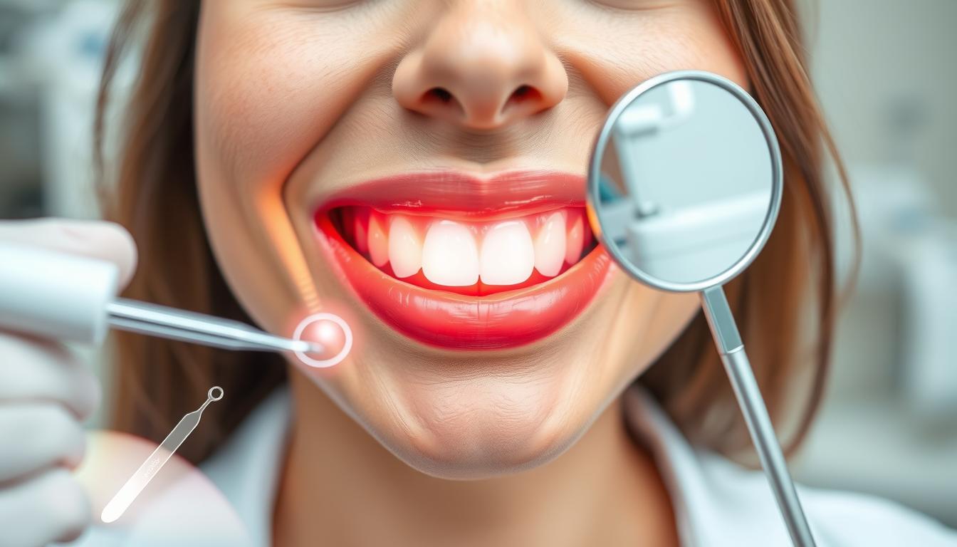 A close-up of a radiant smile showcasing the "smile curve" concept, featuring full, well-defined lips and healthy, vibrant gums. In the foreground, a professional dental hygienist, wearing a white coat, examines the smile while holding a dental mirror, illustrating dental care. In the middle ground, stylized representations of dental tools and soft, glimmering dental light enhance the clinical setting, highlighting the importance of oral hygiene. The background includes a softly blurred dental clinic interior, creating a clean and professional atmosphere. The lighting is bright and natural, focusing on the subject's smile. The overall mood is uplifting and informative, emphasizing the significance of maintaining gum health for a perfect smile.
