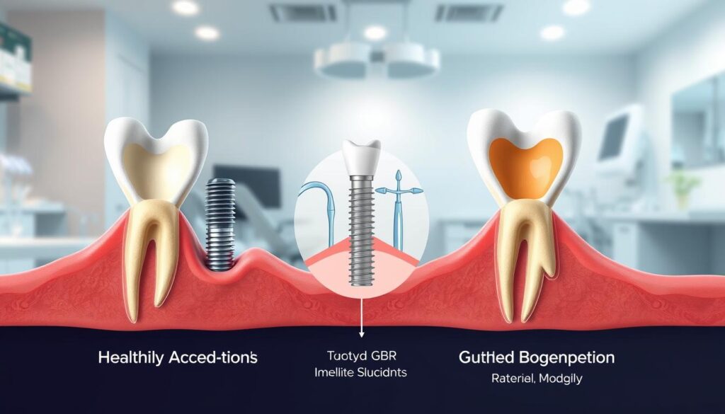 A detailed anatomical illustration of the alveolar bone and its relationship to dental implant success rates. In the foreground, show a close-up view of healthy versus atrophied alveolar bone structures, highlighting differences in density and size. In the middle ground, include a stylized representation of a dental implant procedure and the GBR (Guided Bone Regeneration) technique, showcasing both surgical tools and the regenerative materials used. In the background, create a subtle gradient depicting a dental clinic environment, with soft lighting to convey a clinical but hopeful atmosphere. Use a slightly blurred effect to emphasize the foreground, ensuring clarity of the bone structures. The overall mood should be professional and informative, appealing to readers interested in dental health.