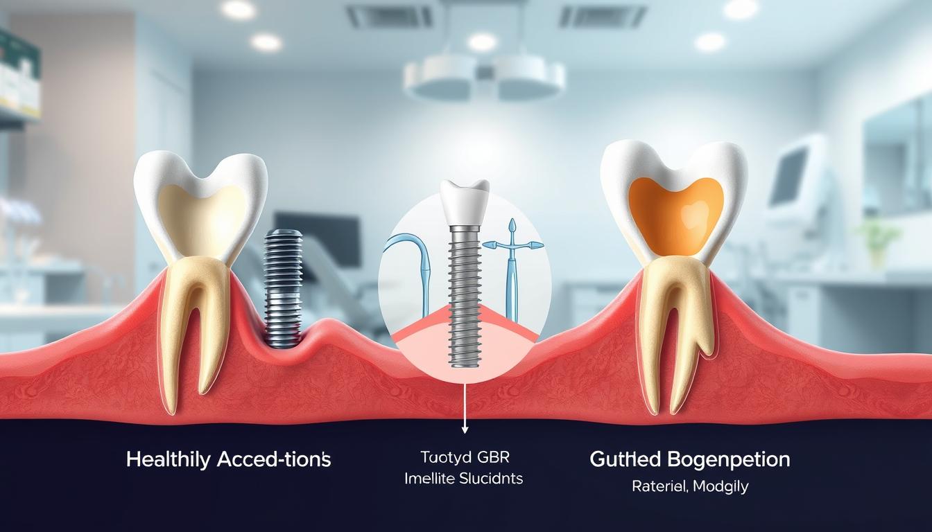 A detailed anatomical illustration of the alveolar bone and its relationship to dental implant success rates. In the foreground, show a close-up view of healthy versus atrophied alveolar bone structures, highlighting differences in density and size. In the middle ground, include a stylized representation of a dental implant procedure and the GBR (Guided Bone Regeneration) technique, showcasing both surgical tools and the regenerative materials used. In the background, create a subtle gradient depicting a dental clinic environment, with soft lighting to convey a clinical but hopeful atmosphere. Use a slightly blurred effect to emphasize the foreground, ensuring clarity of the bone structures. The overall mood should be professional and informative, appealing to readers interested in dental health.