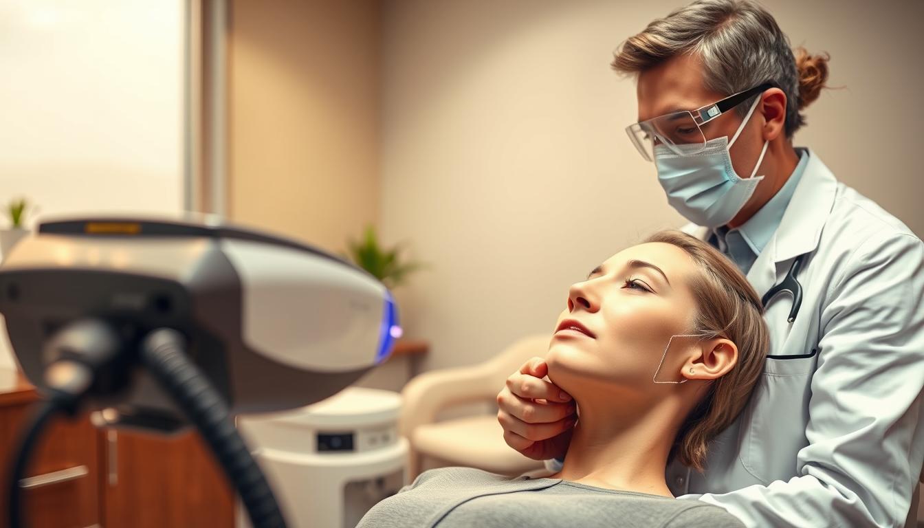 A professional setting depicting a laser treatment procedure for skin warts. In the foreground, a skilled dermatologist in a white coat and protective eyewear is operating a modern laser device, focusing intently on a patient’s facial area. The middle ground showcases the patient, a young adult with a calm expression, wearing a modest and professional outfit, sitting in a comfortable treatment chair, with a facial mask covering the rest of their features. In the background, an elegantly designed clinic with soft, warm lighting creates a clean and tranquil atmosphere. The scene should convey a sense of professionalism, care, and advanced medical technology, emphasizing the effectiveness of the laser treatment for facial skin concerns.