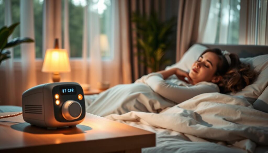 A serene bedroom scene highlighting the psychological impact of long-term CPAP machine usage. In the foreground, a bedside table holds a sleek CPAP machine with soft, glowing lights. A person, dressed in comfortable, modest sleepwear, is peacefully sleeping in bed, their facial expression calm and relaxed. In the middle ground, a cozy, inviting bedroom with warm lighting emanating from a bedside lamp, accentuating a harmonious atmosphere. The background features a soothing window with gentle, flowing curtains and hints of greenery outside, promoting a sense of tranquility. The overall mood is peaceful and reflective, capturing the delicate balance between technology and mental wellness. Soft shadows and gentle lighting create an intimate feel, emphasizing the human connection to health and rest.