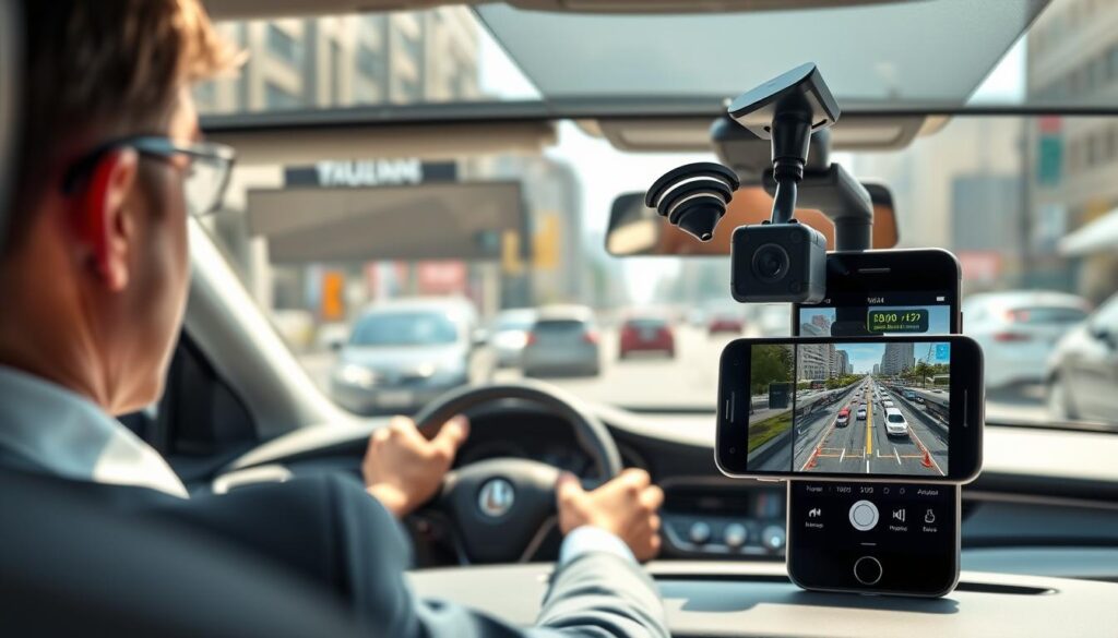 A sleek and modern car dashboard featuring a high-quality dashboard camera prominently displayed. The camera is connected to a smartphone utilizing WiFi, with a visual of a smartphone screen showing the live feed from the camera. The foreground includes detailed views of the camera and smartphone, highlighting their features. In the middle ground, a driver in professional attire is seen focusing on the road, with visible indications of a traffic situation unfolding outside the window. The background showcases a busy city street, with vehicles and pedestrians, under bright, natural daylight that creates a vibrant and clear atmosphere. The angle should be slightly tilted to capture the dynamic environment, conveying a sense of urgency and technological sophistication, without any text or distractions.