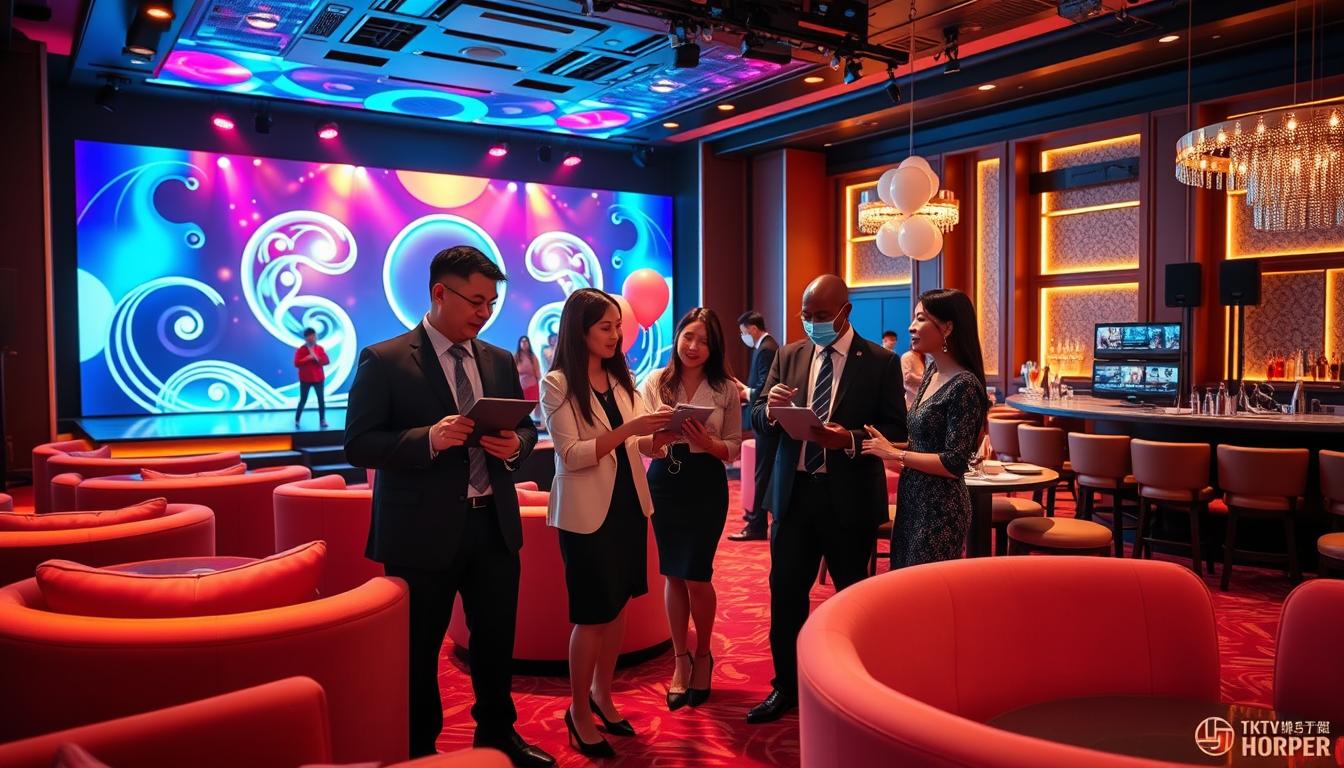 A vibrant scene inside a Taipei hotel KTV venue, showcasing a well-organized event planning setup. In the foreground, a sleek, modern multimedia stage adorned with colorful LED lights and a glowing backdrop displaying elegant designs. Professional event planners, dressed in smart business attire, are discussing and analyzing layout plans while holding tablets and clipboards. In the middle, guests celebrate a birthday and an engagement party, with balloons and elegant decorations enhancing the atmosphere. The background features plush seating areas, sound equipment, and a bar serving drinks, all bathed in warm, inviting lighting that creates a festive mood. Capture the essence of excitement and professionalism in this lively setting, emphasizing the importance of KTV event planning.