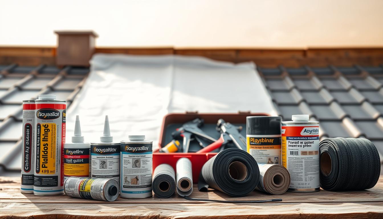 A close-up view of various sealing materials for flat roofing sheets, arranged on a wooden workbench. In the foreground, display a range of products like caulk tubes, sealant cans, and adhesive rolls, with labels clearly visible showcasing names like "polyurethane sealant" and "rubberized asphalt." The middle layer features an open toolbox, with tools like caulking guns and scrapers, indicating preparation for sealing tasks. In the background, a partially covered flat roof is visible under soft, natural lighting, suggesting a clear day. The scene has a professional and informative atmosphere, ideal for illustrating the importance of quality materials in roofing projects.