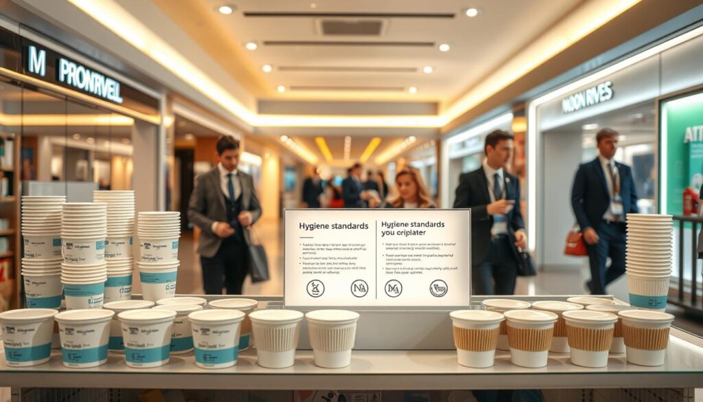 A serene and organized display inside "Moon River Mall," showcasing a variety of airplane cups arranged neatly on a modern, hygienic retail shelf. The foreground features several products clearly labeled, emphasizing their cleanliness and safety certifications. In the middle ground, a well-lit area highlights informative signage about hygiene standards displayed alongside the cups. The background captures a sleek and contemporary mall environment with shoppers in professional business attire, creating a sense of trust and safety. Warm, inviting lighting accentuates the cleanliness of the display, while the overall atmosphere is calm and informative, reflecting a focus on health and safety. The image should be vibrant and engaging, without any text or logos.