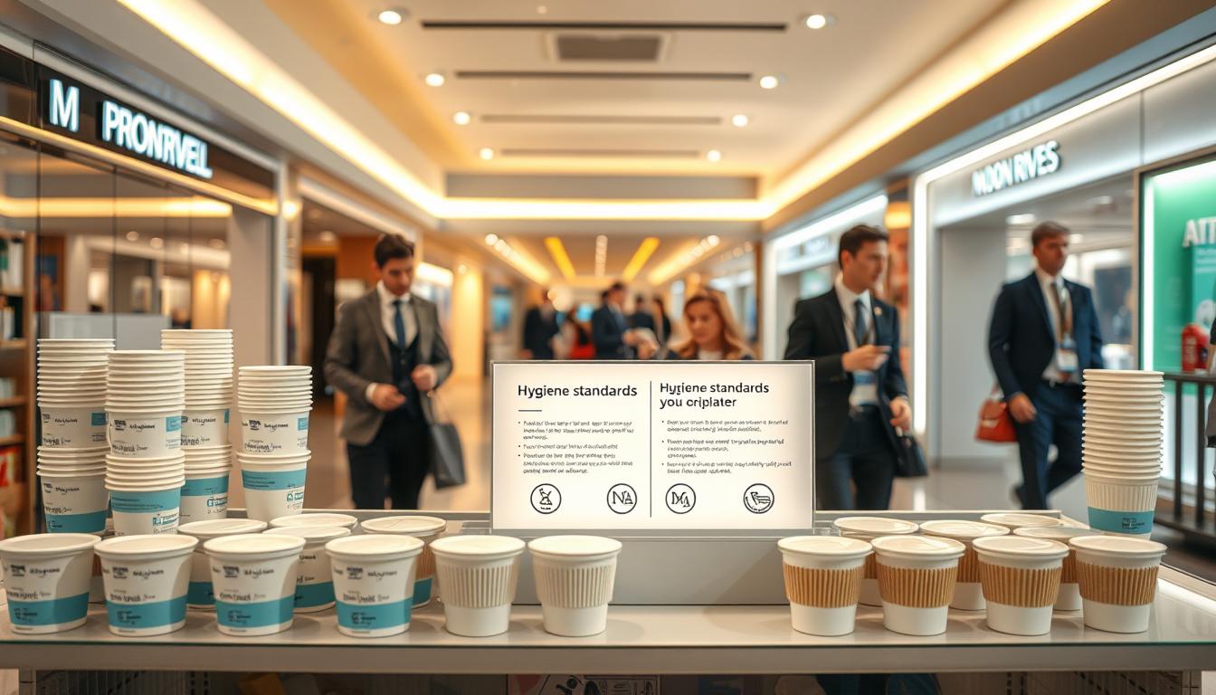 A serene and organized display inside "Moon River Mall," showcasing a variety of airplane cups arranged neatly on a modern, hygienic retail shelf. The foreground features several products clearly labeled, emphasizing their cleanliness and safety certifications. In the middle ground, a well-lit area highlights informative signage about hygiene standards displayed alongside the cups. The background captures a sleek and contemporary mall environment with shoppers in professional business attire, creating a sense of trust and safety. Warm, inviting lighting accentuates the cleanliness of the display, while the overall atmosphere is calm and informative, reflecting a focus on health and safety. The image should be vibrant and engaging, without any text or logos.