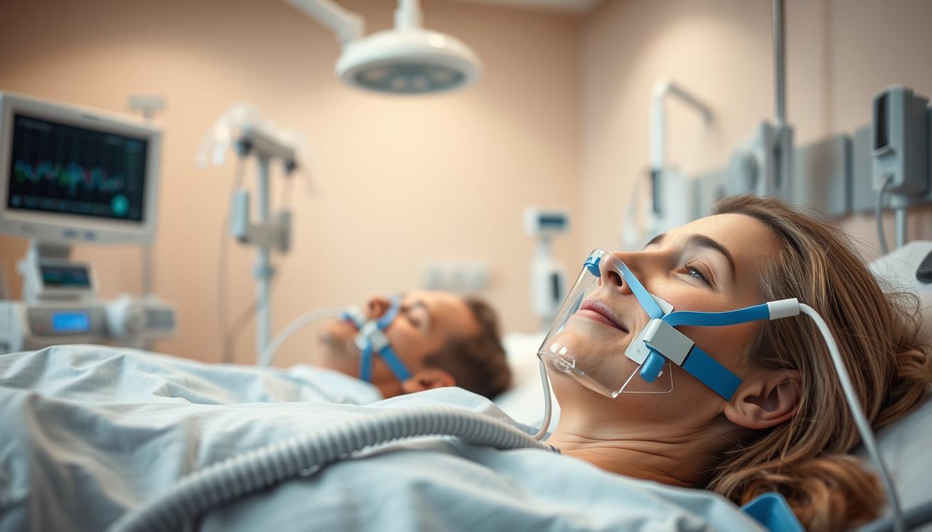 A serene hospital room after dental surgery, featuring a patient resting comfortably while using a sleep breathing machine. In the foreground, focus on the patient's face, displaying a look of relief, with the breathing machine clearly in view, emphasizing its importance for recovery. The middle ground showcases medical equipment like monitors and IV stands, enhancing the clinical atmosphere. In the background, soft, diffused lighting creates a calming ambiance, suggesting care and recovery, with gentle shadows adding depth. A clear focus on the details of the breathing machine's connections and the patient's relaxed posture conveys a sense of safety and professionalism, highlighting the critical role of such devices in post-operative dental care.