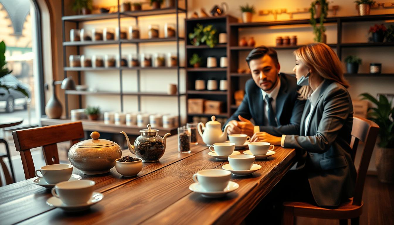 A warm, inviting scene depicting a couple sitting across from each other at a stylish, rustic wooden table, engaged in a tea reservation conversation. The foreground features a beautifully arranged tea set with delicate teacups, a teapot, and an array of loose leaf teas. The middle ground shows the couple, dressed in professional business attire, attentively discussing preferences with expressions of interest and sincerity. In the background, a charming tea shop ambiance with warm, soft lighting creates a cozy and intimate atmosphere, featuring shelves of tea jars and decorative plants. The composition captures a cinematic vibe with a slight focus blur, shot from a slightly elevated angle to enhance the scene's depth. The overall mood is relaxed and focused, reflecting the nuances of communication in the tea reservation process.