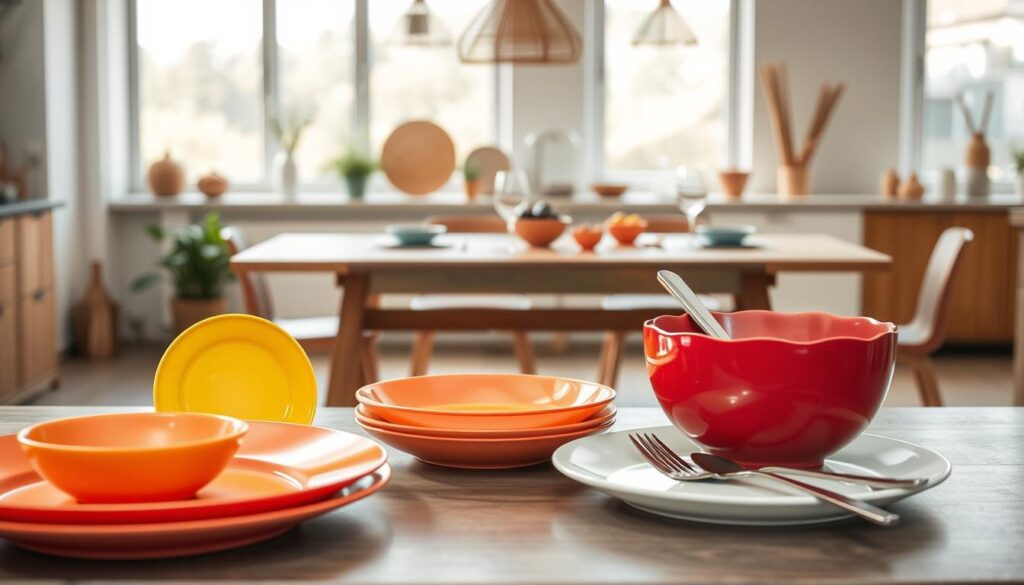A beautifully arranged and modern kitchen setting focused on eco-friendly kitchenware. In the foreground, display a selection of vibrant, reusable plates, bowls, and utensils made from sustainable materials. The middle ground features a stylish wooden dining table, adorned with a simple yet elegant table setting, emphasizing minimalism and sustainability. In the background, large windows allow natural sunlight to fill the space, creating a warm and inviting atmosphere. The mood is uplifting and serene, highlighting the importance of eco-conscious living. The composition should reflect a contemporary lifestyle with a touch of sophistication, showcasing how unique products from a recommended American purchasing source can enhance everyday dining experiences. Natural colors dominate the palette, lending to a fresh and clean aesthetic.