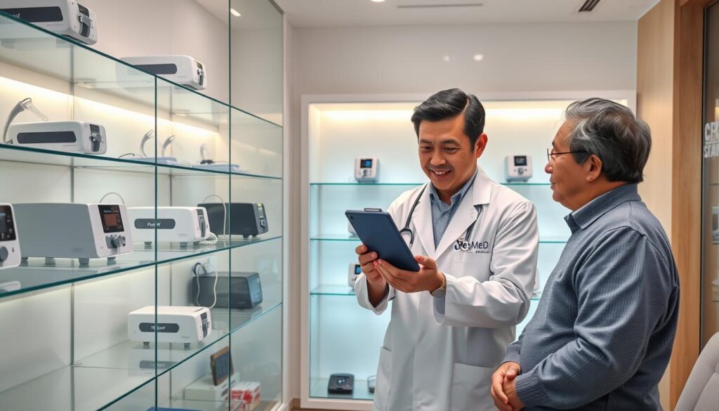 A professional medical showroom in Hong Kong showcasing various modern CPAP machines on clean, backlit glass shelves. A specialist in a white coat is demonstrating a ResMed device to a middle-aged client in a bright, comfortable consulting room. High-quality photography, realistic style, 4k resolution.