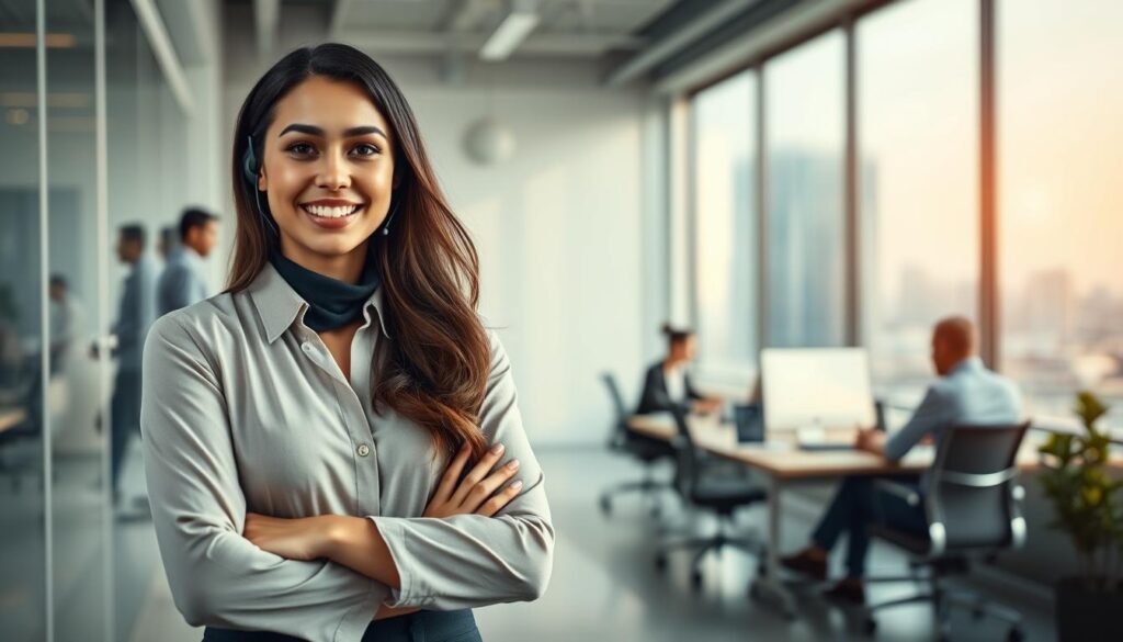 A serene customer service representative in a professional attire, standing confidently in the foreground, with a warm smile that conveys reassurance and trust. In the middle ground, a sleek modern office space with soft lighting, featuring a computer desk and a bustling environment of colleagues collaborating on logistics solutions. The background showcases a large window with a view of a cityscape, hinting at the external challenges of extreme weather and potential strikes. The overall atmosphere is one of professionalism, warmth, and optimism, with a focus on providing customer service guarantees in the face of logistical risks. The image captures a sense of preparedness and support, symbolizing reliability in uncertain times, with muted colors and soft shadows to enhance the mood. A serene customer service representative in a professional attire, standing confidently in the foreground, with a warm smile that conveys reassurance and trust. In the middle ground, a sleek modern office space with soft lighting, featuring a computer desk and a bustling environment of colleagues collaborating on logistics solutions. The background showcases a large window with a view of a cityscape, hinting at the external challenges of extreme weather and potential strikes. The overall atmosphere is one of professionalism, warmth, and optimism, with a focus on providing customer service guarantees in the face of logistical risks. The image captures a sense of preparedness and support, symbolizing reliability in uncertain times, with muted colors and soft shadows to enhance the mood.
