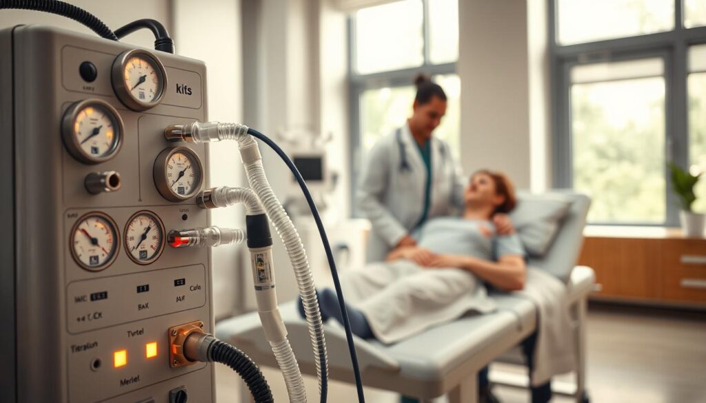 A medical professional in a clinic setting wearing a white lab coat, attentively adjusting a sleep apnea machine to ensure precise pressure titration. The foreground features a close-up of the sophisticated device with illuminated pressure gauges and tubing, reflecting advanced technology. In the middle ground, a patient reclines comfortably on an examination table, demonstrating a calm expression, supported by professional staff ensuring their comfort and safety. The background showcases a modern, well-lit clinic with soft, natural light streaming through large windows, creating a soothing atmosphere. The scene conveys a supportive and medically serious mood, emphasizing care and precision in respiratory therapy.