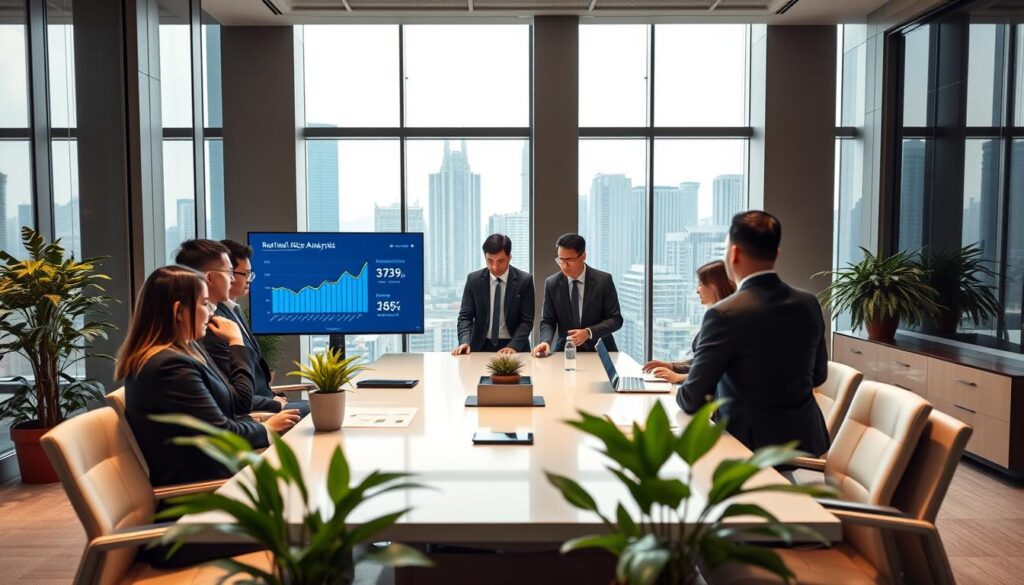 A modern, sleek office space in Kowloon East, showcasing a professional environment with an emphasis on rental price analysis. In the foreground, a group of diverse business professionals dressed in sharp business attire are engaged in a focused discussion around a large conference table, surrounded by digital displays showing rental trends and property statistics. The middle ground features contemporary office furniture and potted plants, creating a vibrant atmosphere. In the background, large windows reveal an urban skyline under bright, natural lighting, emphasizing transparency and opportunity in commercial real estate. The overall mood is optimistic and strategic, reflecting a bustling business district focused on rental analysis and decision-making.