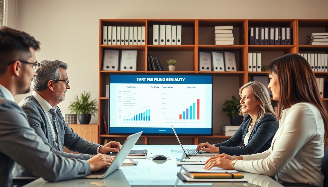 A professional accounting office scene, highlighting strategies for addressing tax filing delays and the risks of legal penalties. In the foreground, a diverse group of business professionals, two men and two women in formal business attire, engage in a discussion around a conference table filled with financial documents and laptops. The middle layer features a large screen displaying charts illustrating tax deadlines and strategies. The background shows shelves filled with accounting books and certificates, conveying an atmosphere of professionalism and focus. Soft, warm lighting illuminates the scene, creating an encouraging mood that emphasizes collaboration and problem-solving. Use a slightly angled perspective to capture the sense of engagement among the team.