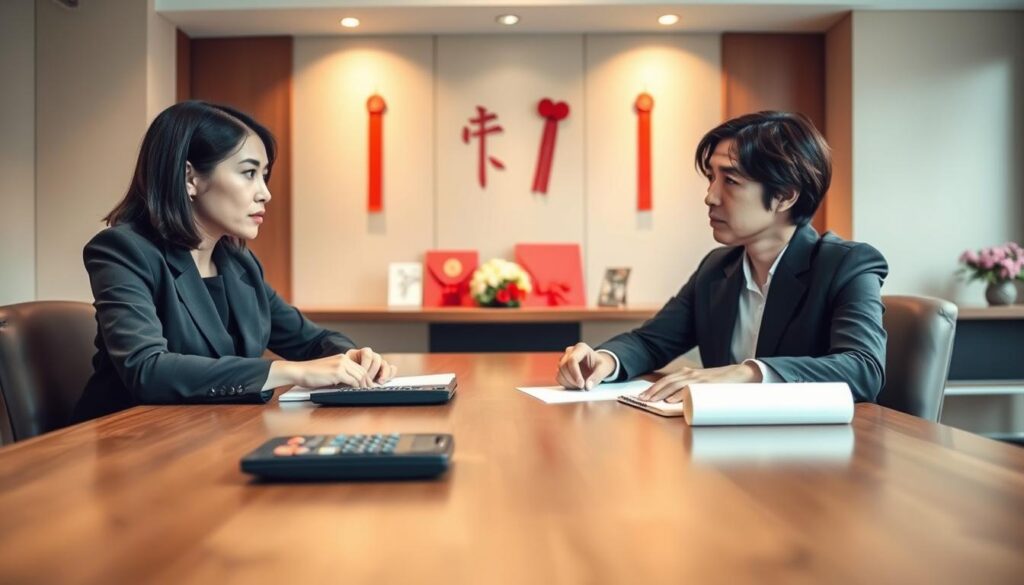 A professional business setting showcasing a negotiation scene related to Taiwan's betrothal gift market, focusing on amounts ranging from NT$120,000 to NT$360,000. In the foreground, two individuals in professional attire are seated at a polished wooden table, engaged in a serious discussion, with documents and a calculator in front of them. The middle ground features soft-focus representations of traditional Taiwanese symbols related to marriage, such as red envelopes and flowers. The background shows a tastefully decorated office space with neutral-colored walls and warm lighting, creating a calming yet serious atmosphere. Capture the mood of collaboration and careful negotiation, using a slightly angled perspective to emphasize the interaction. The image should be clear, well-lit, and professional, reflecting the essence of effective bargaining.