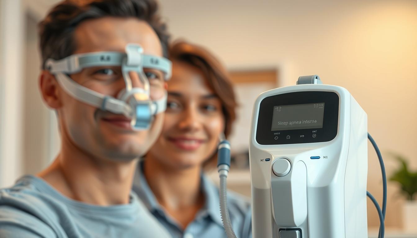 A well-lit clinical environment showcasing a close-up view of a sleep apnea machine and its proper wearing method. The foreground features a professional individual in modest, casual clothing demonstrating the correct application of the mask. Their expression conveys comfort and ease of use. In the middle ground, the sleep apnea machine is prominently displayed, with clear focus on its features and controls, highlighting its design and functionality. The background is a softly blurred medical office setting, providing context without distraction. The lighting is warm yet bright, emphasizing a welcoming atmosphere. A shallow depth of field creates an intimate feel, inviting viewers to understand the convenience of wearing the device.