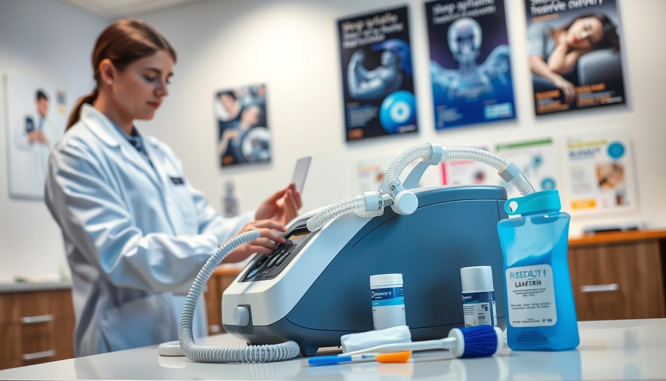 A well-lit clinical setting showcasing the maintenance of a sleep apnea machine. In the foreground, a professional technician wearing a lab coat is carefully inspecting a sleek, modern CPAP machine, focusing on the filter and hose. In the middle, an organized table displays cleaning supplies and tools, including wipes and brushes, emphasizing the meticulous care required for device upkeep. The background features a soft-focus wall with medical posters related to sleep health, creating an informative atmosphere. The lighting is bright yet soft, enhancing the cleanliness of the environment. The overall mood is professional, emphasizing the importance of regular maintenance and care for respiratory equipment, ensuring health and safety.